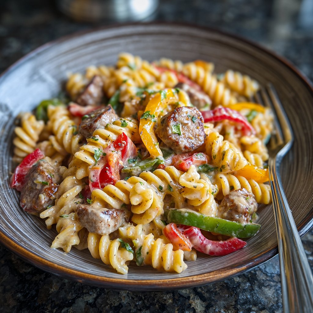 One Pot Creamy Cajun Sausage and Peppers Pasta