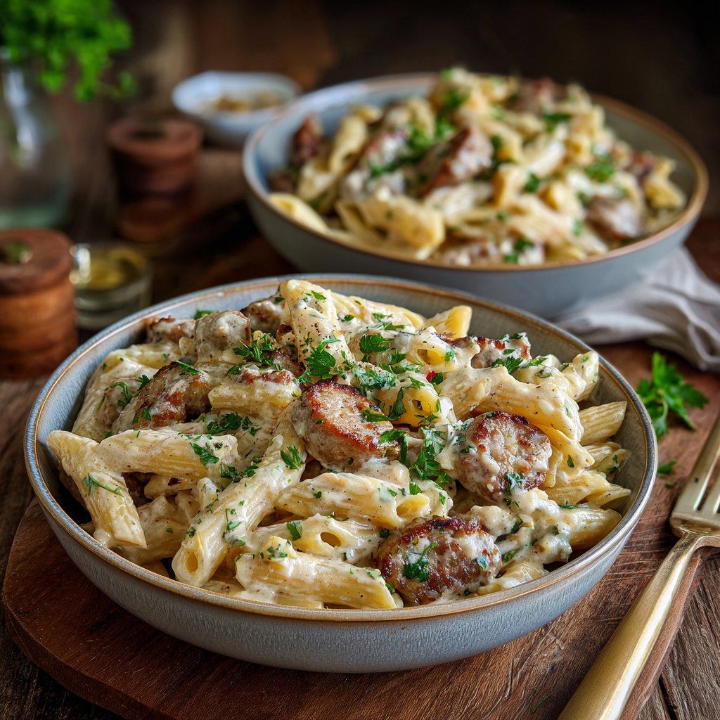 One Pot Creamy Garlic Sausage Pasta